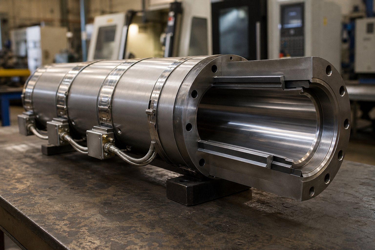 single screw extruder barrel with exposed bore liner and external band heaters in an industrial setting