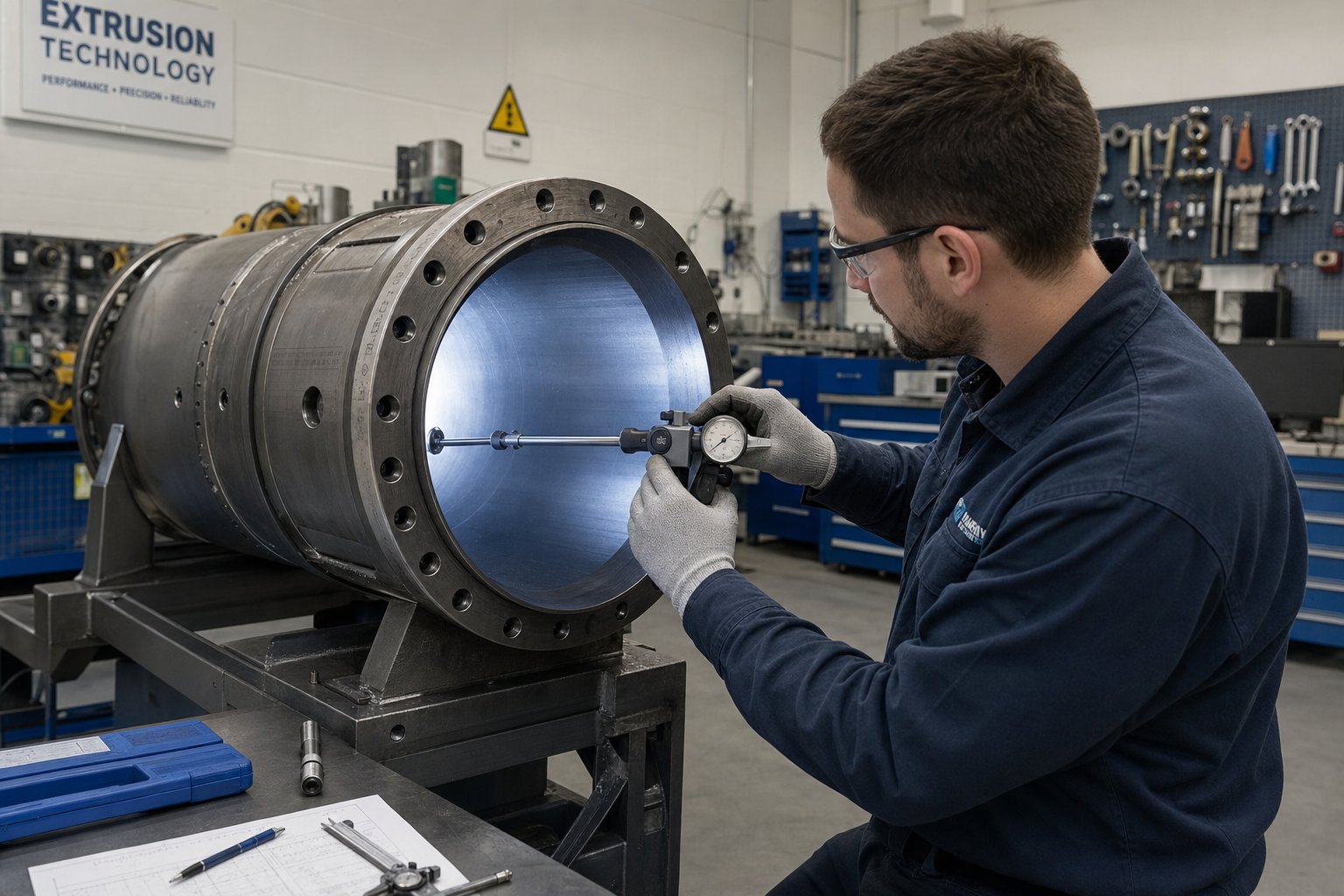 technician measuring extruder barrel bore diameter to diagnose wear during a scheduled maintenance inspection
