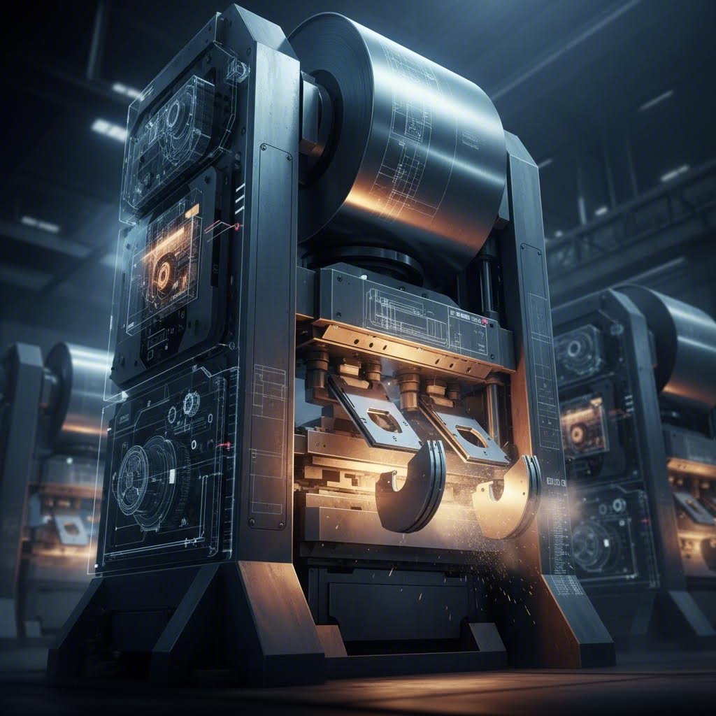 Steel coil feeding into a high tonnage progressive stamping press for backing plate production