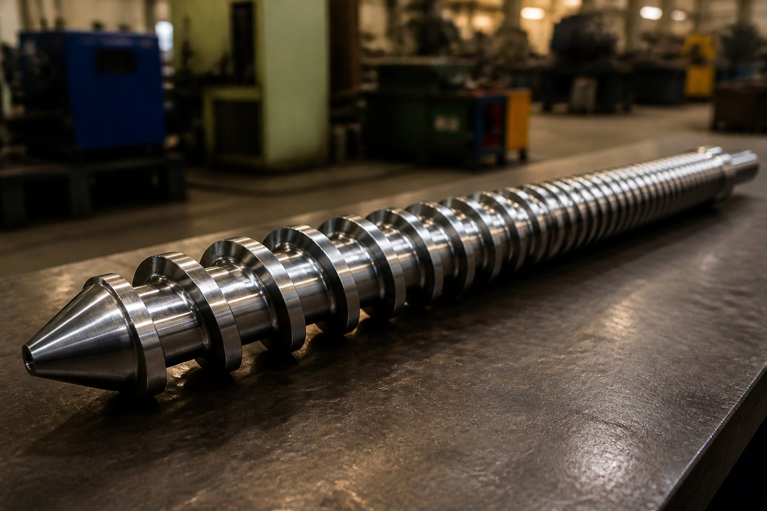 injection molding screw showing helical flight geometry from feed zone to metering zone