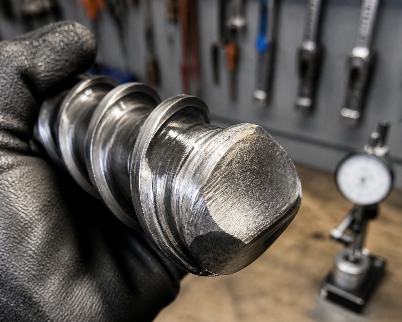 worn injection molding screw flight tips showing erosion that causes melt leakage and defects