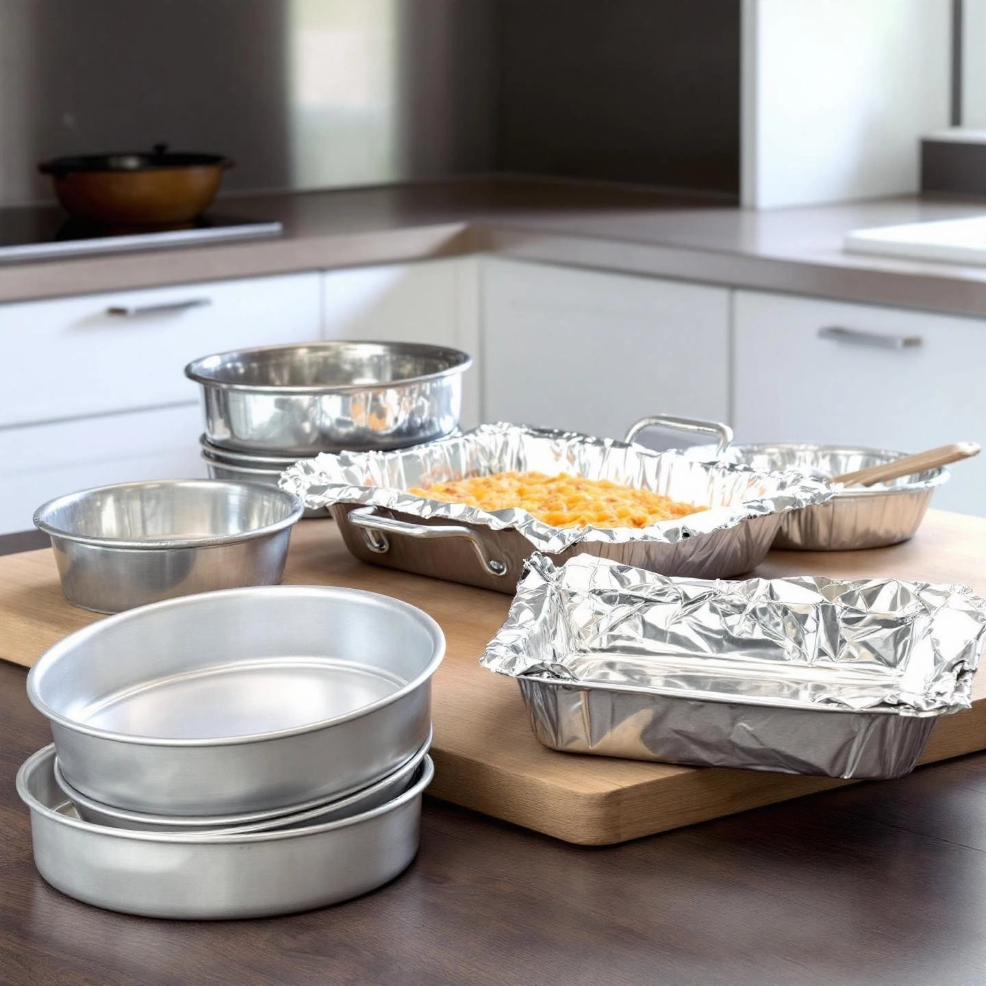 selection of aluminum pans for baking and cooking in a home kitchen