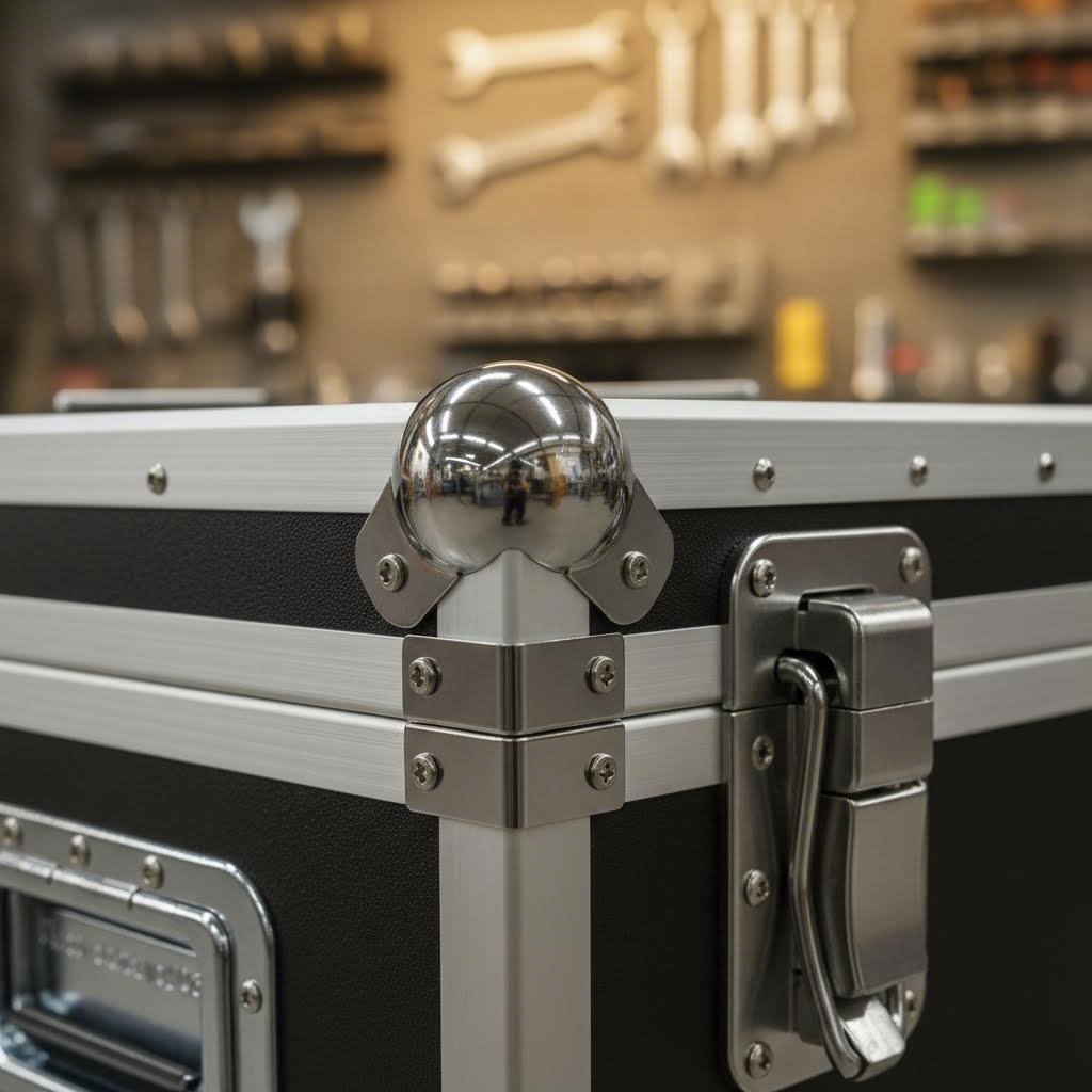 flight case hardware components integrated with aluminum extrusions at corner junction