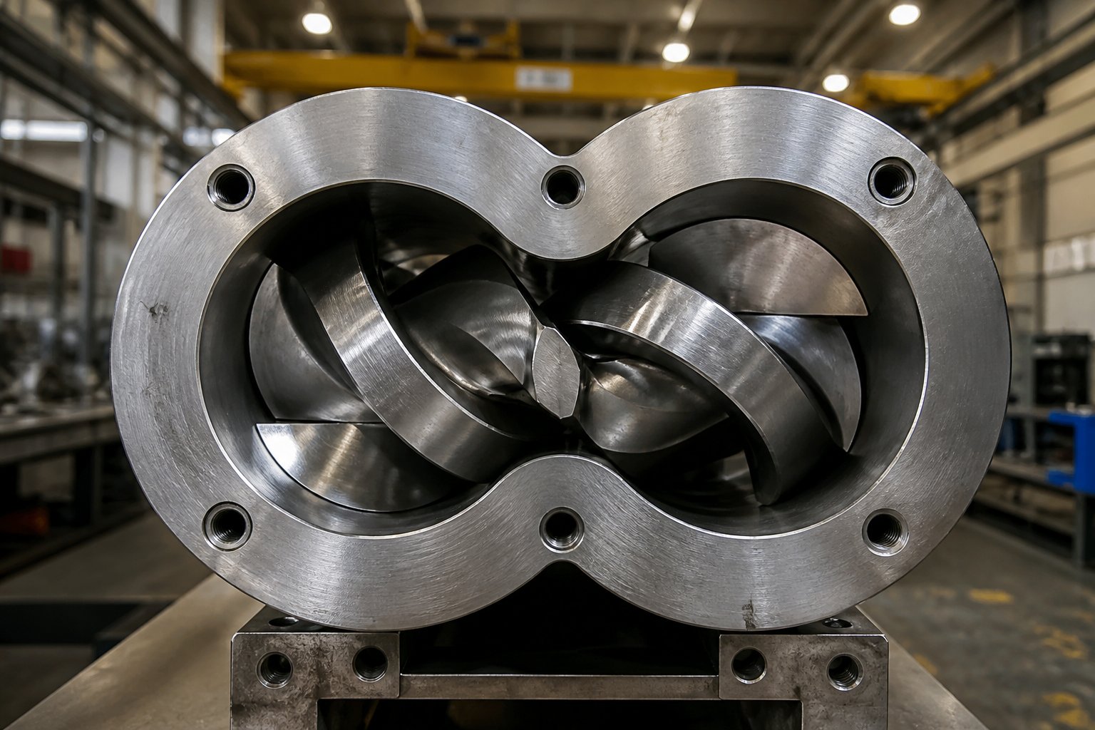 cross section view of a parallel twin screw barrel showing the figure eight bore and intermeshing screw geometry