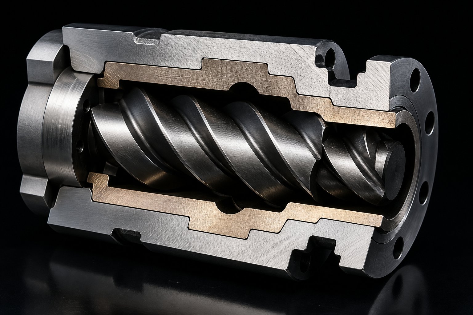 cutaway of a bimetallic parallel twin screw barrel showing the wear resistant inner liner bonded to the steel shell