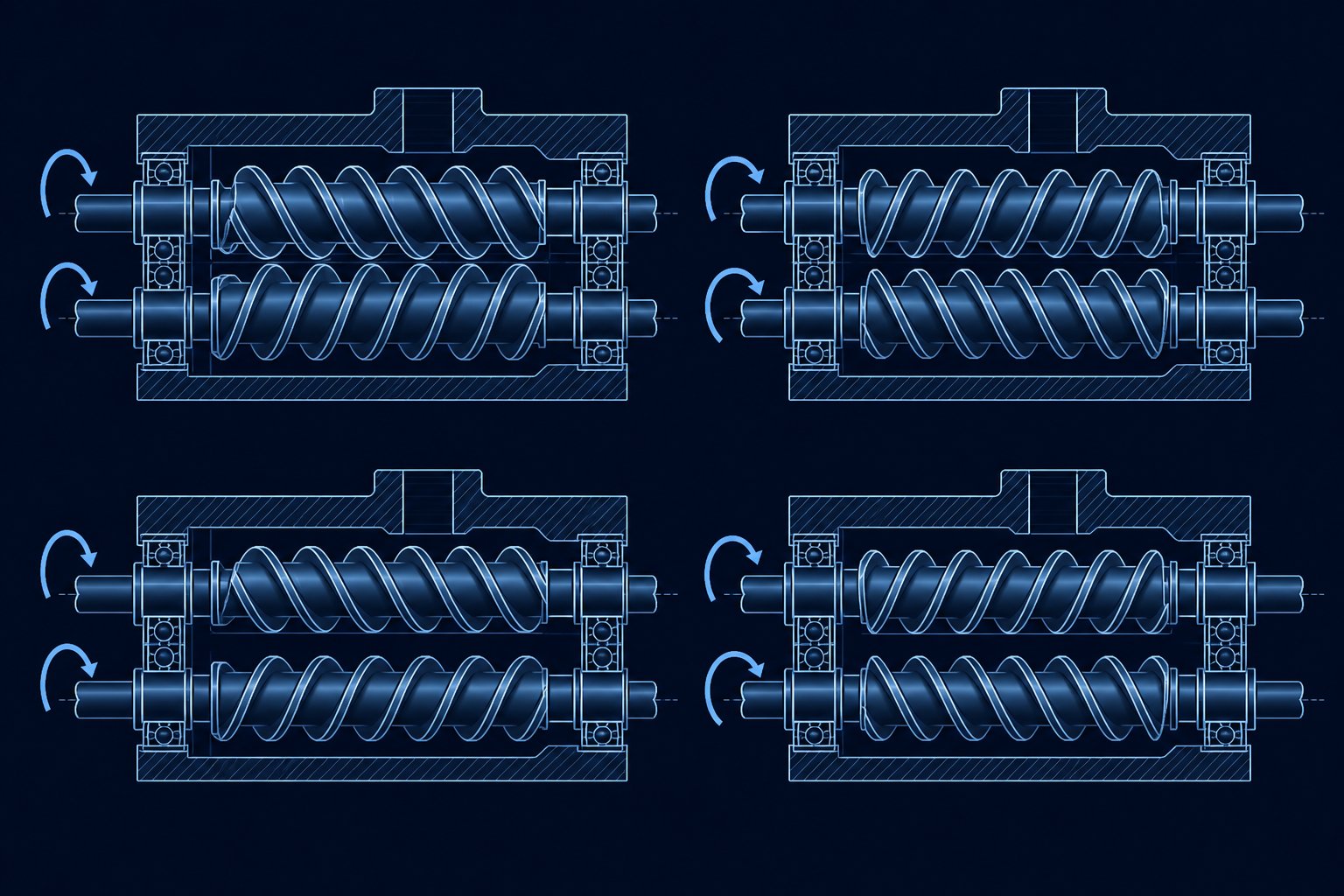 four parallel twin screw barrel configurations showing rotation direction and screw engagement geometry