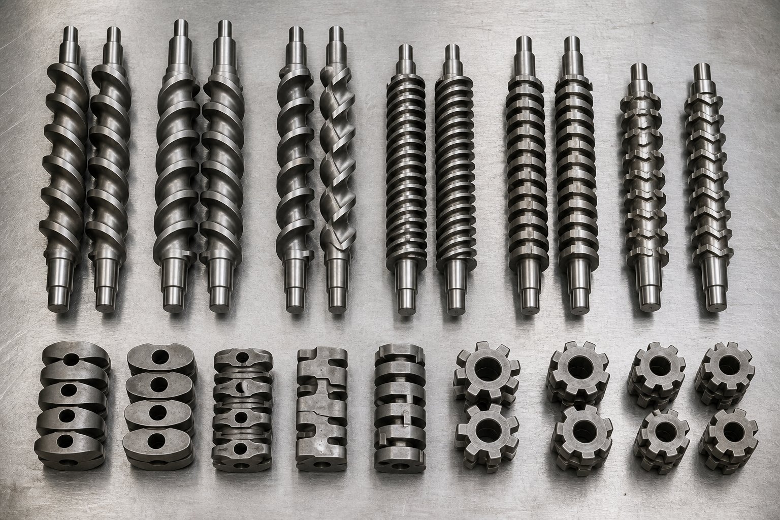 modular screw elements including conveying flights kneading blocks and mixing elements for parallel twin screw barrels
