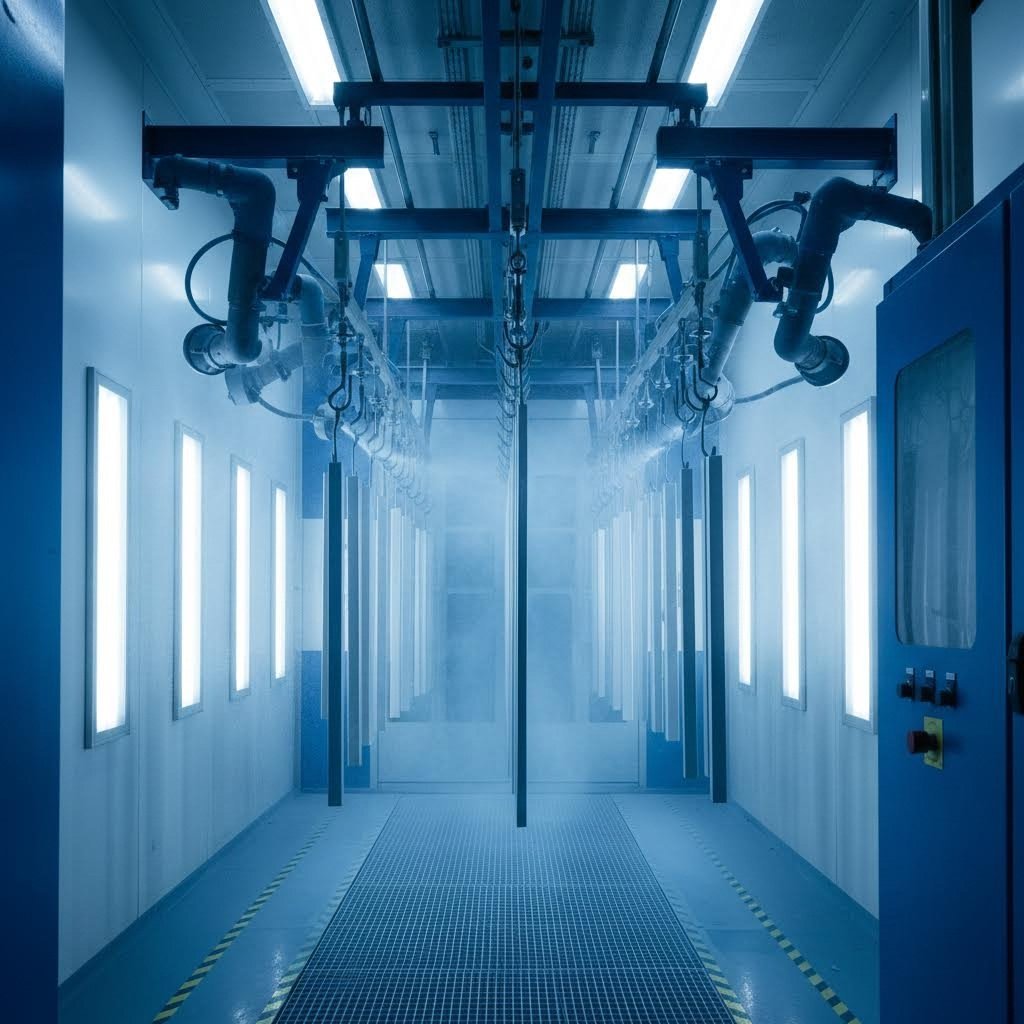 electrostatic powder coating process applies uniform finish to aluminum extrusion profiles
