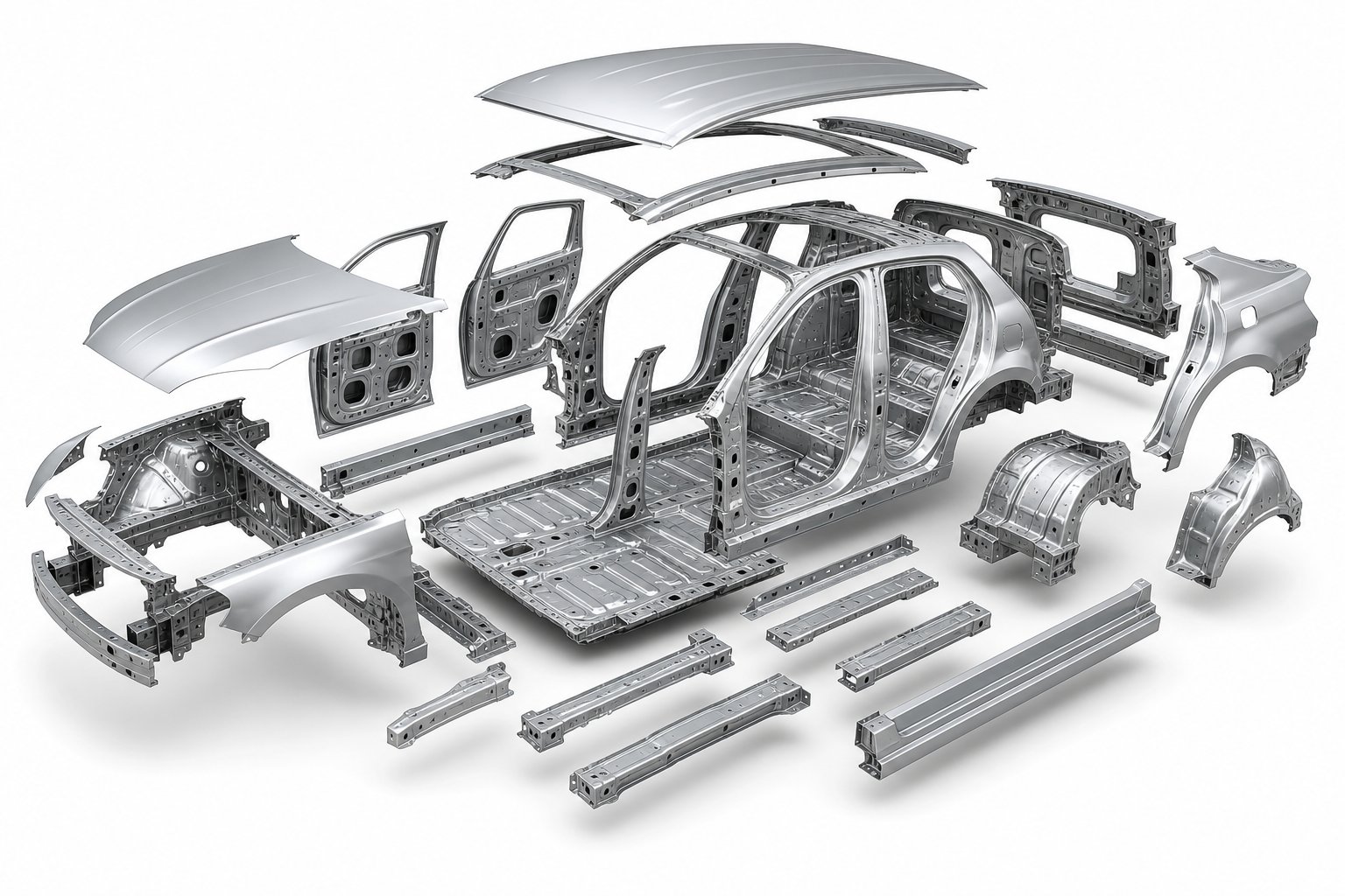 info-1-1 exploded view of automotive body in white structure showing the variety of stamped sheet metal components in a vehicle