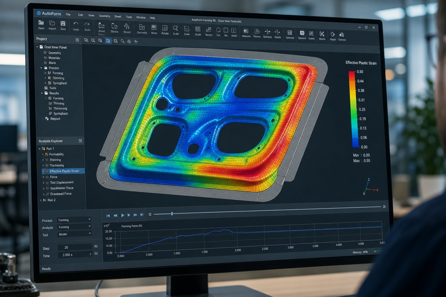 info-1-1 forming simulation heat map showing strain distribution on an automotive panel during virtual die tryout