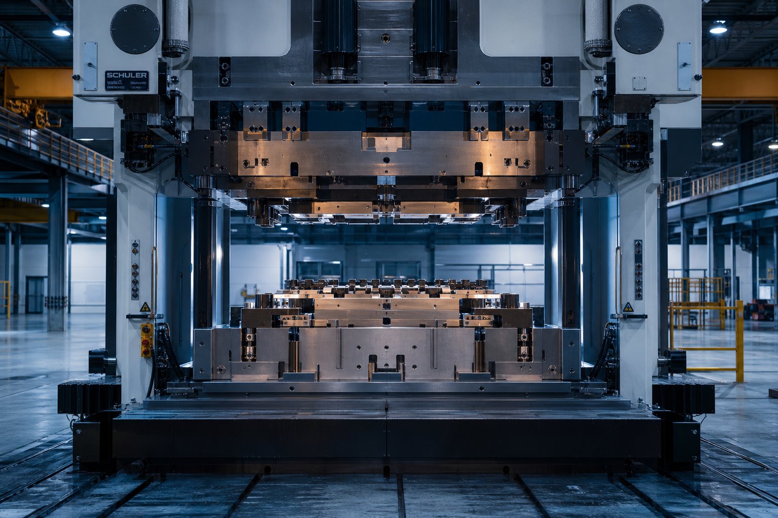 info-1-1 precision auto stamping die mounted in an industrial press ready to form sheet metal into automotive components