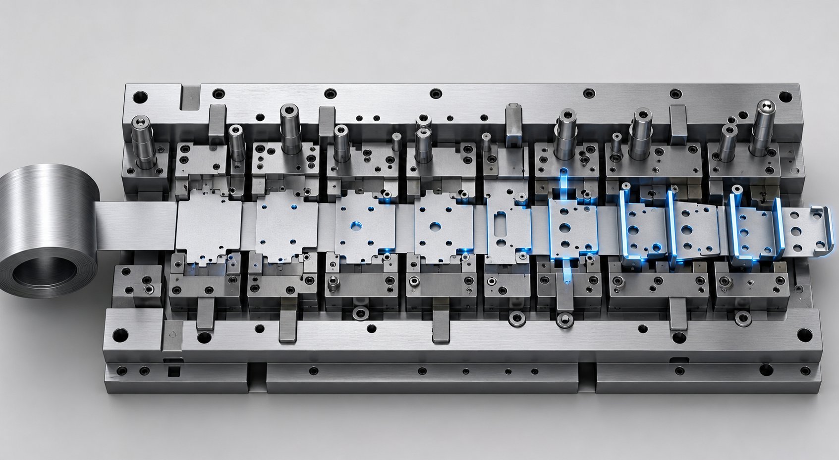 info-1-1 progressive stamping die strip layout showing sheet metal advancing through multiple forming stations in sequence