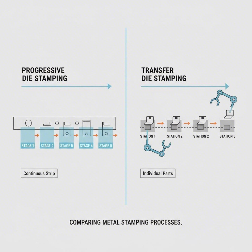 Comparison of part handling in progressive versus transfer die stamping
