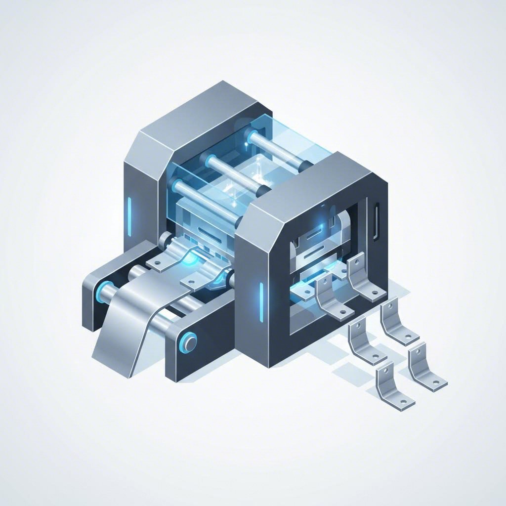 Progressive die stamping process transforming a metal strip into automotive components