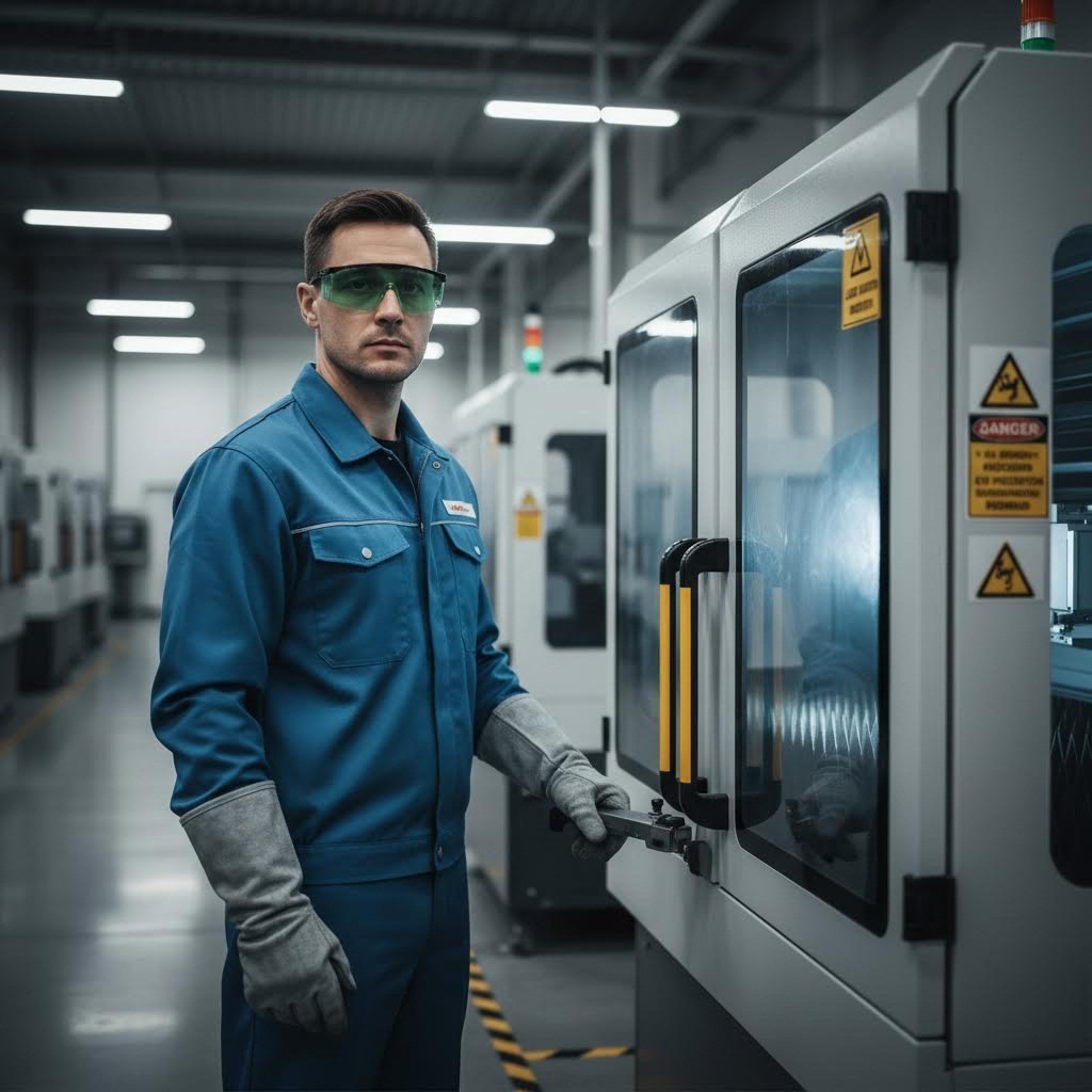 laser cutting operator equipped with essential protective safety gear and equipment