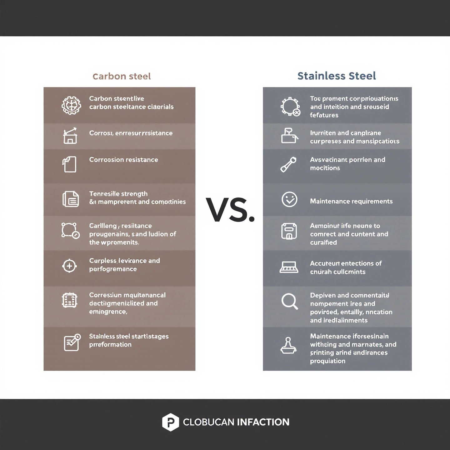 visual matrix comparing carbon steel and stainless steel properties and applications