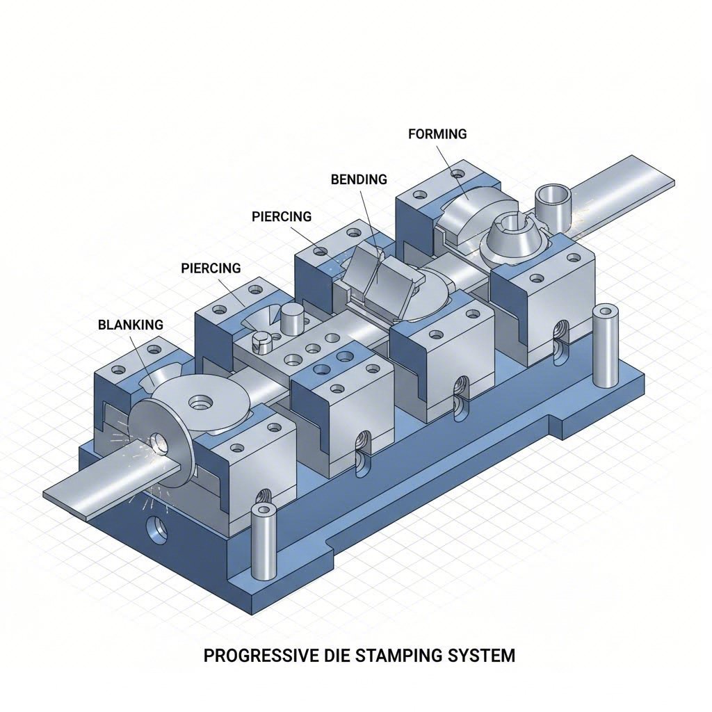 progressive die stations perform sequential operations on continuous metal strip