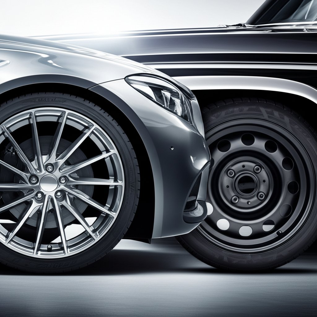 visual comparison of aluminium alloy wheels and steel wheels on modern vehicles