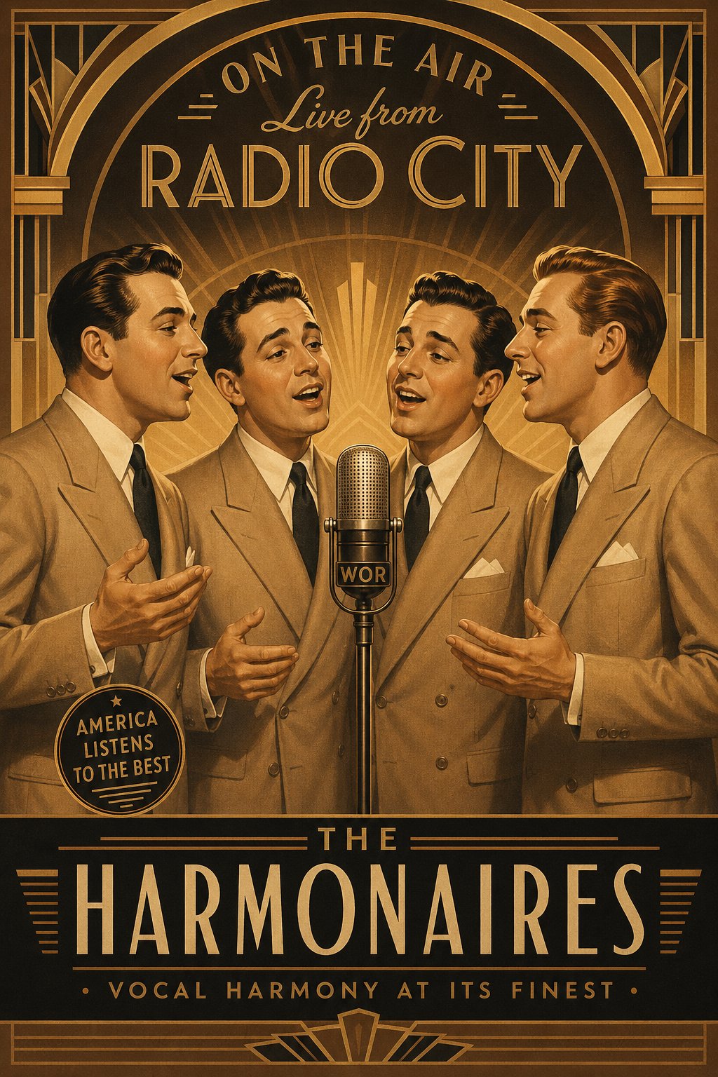 a classic vocal group performing around a vintage microphone in the golden age of acapella