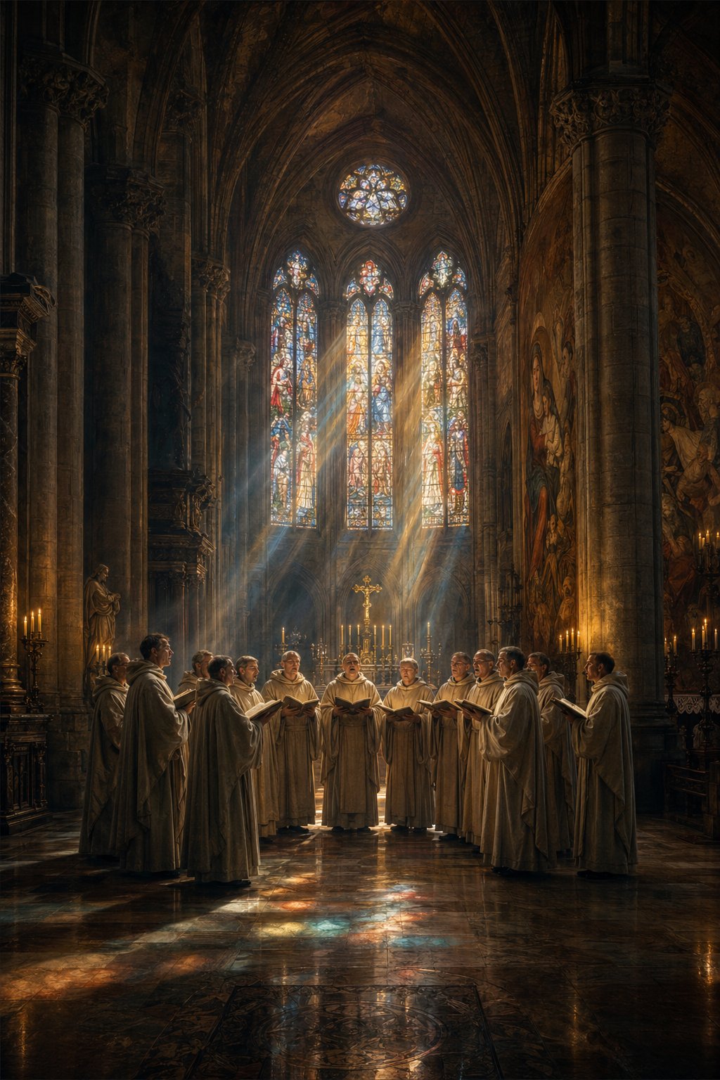 monks singing gregorian chant in a candlelit cathedral the sacred origin of acapella music