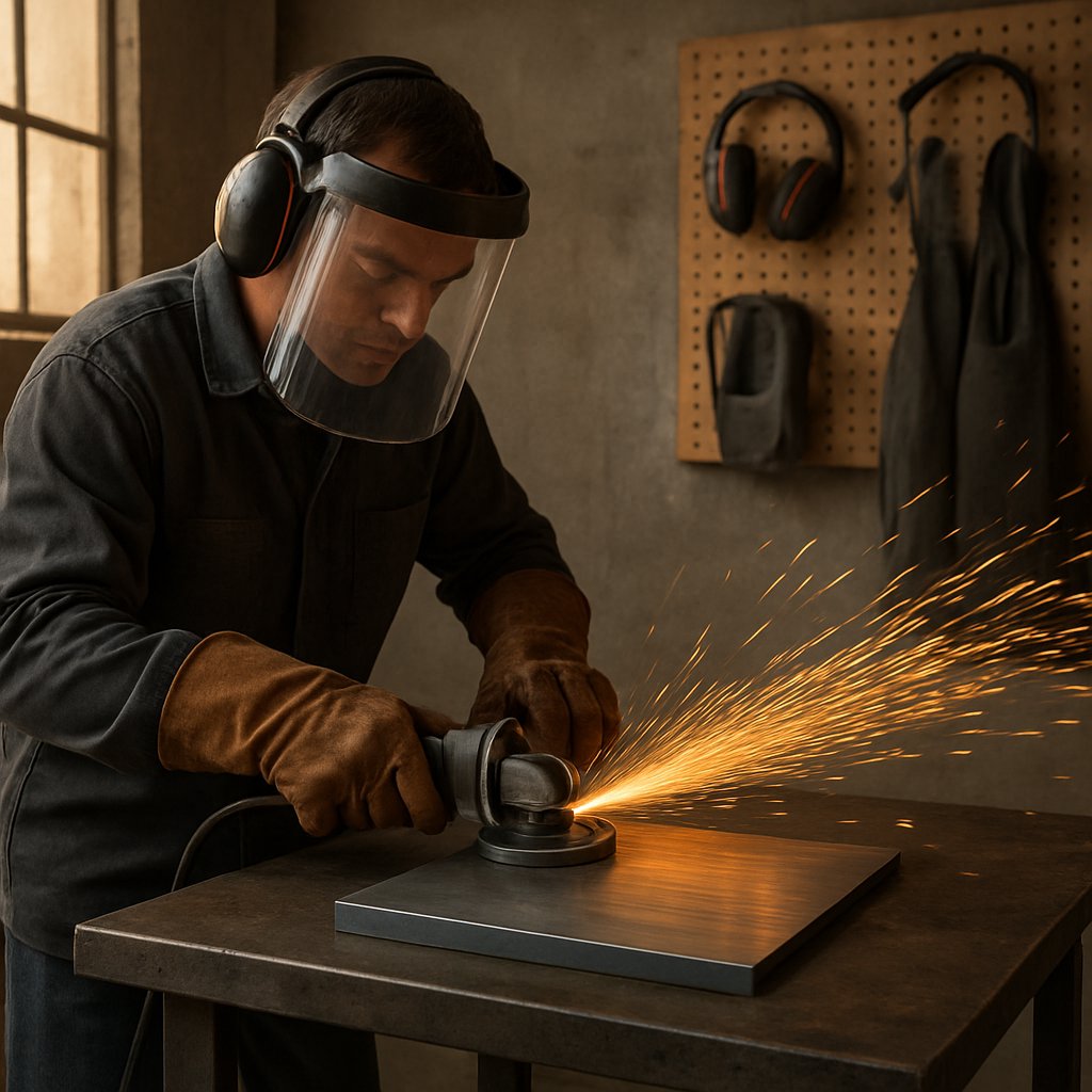 safe metal cutting setup with ppe clamped workpiece and controlled sparks