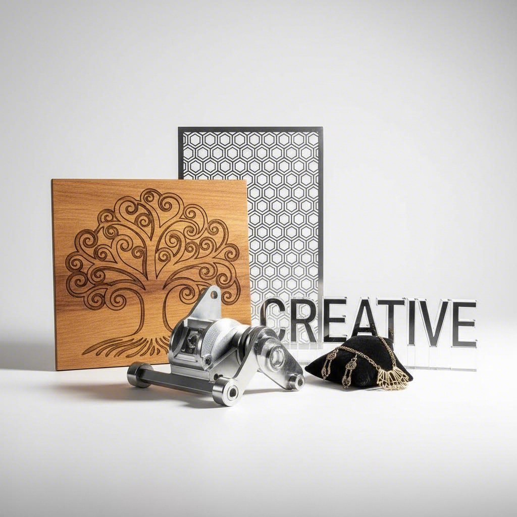 diverse laser cut products spanning automotive components signage jewelry and architectural elements