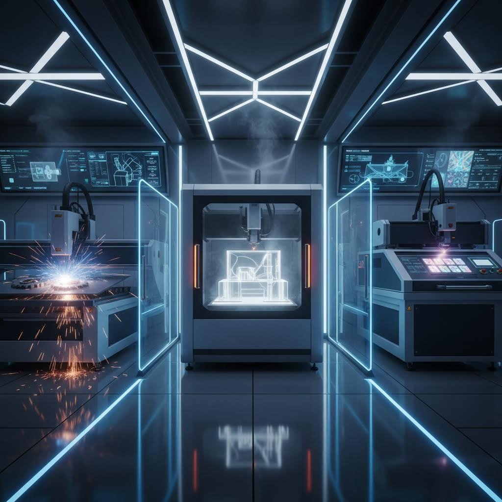 fiber and co2 laser systems processing different materials in an industrial manufacturing environment