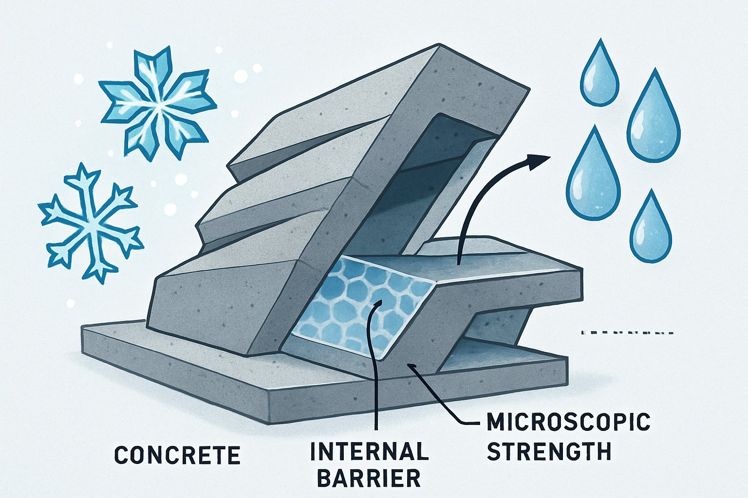 Abstract diagram demonstrating how specialty admixtures protect concrete from freeze thaw cycles and moisture