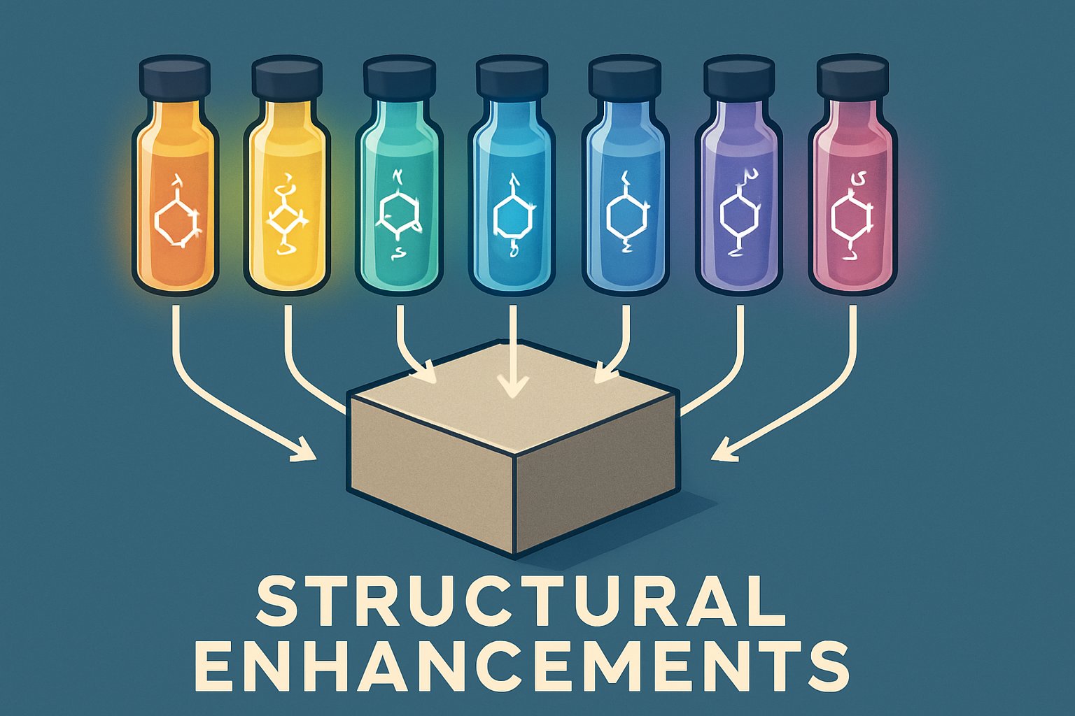 Visual metaphor illustrating the seven standard ASTM categories of chemical concrete additives
