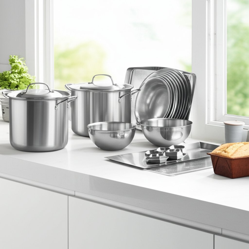 a selection of aluminum pans and trays displayed on a kitchen counter