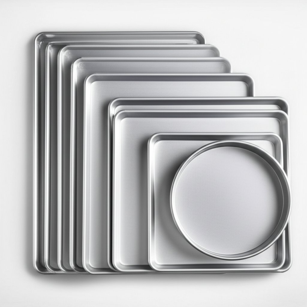aluminum pans in multiple sizes arranged from largest to smallest