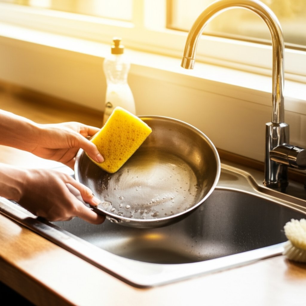 hand washing an aluminum pan with a soft sponge in the kitchen