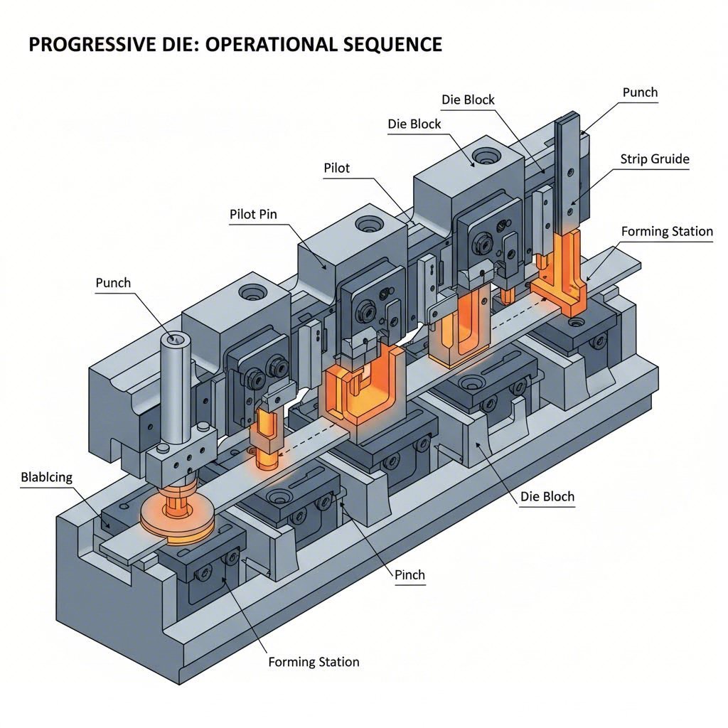 progressive dies contain multiple stations that perform different operations as metal strips advance through the tool