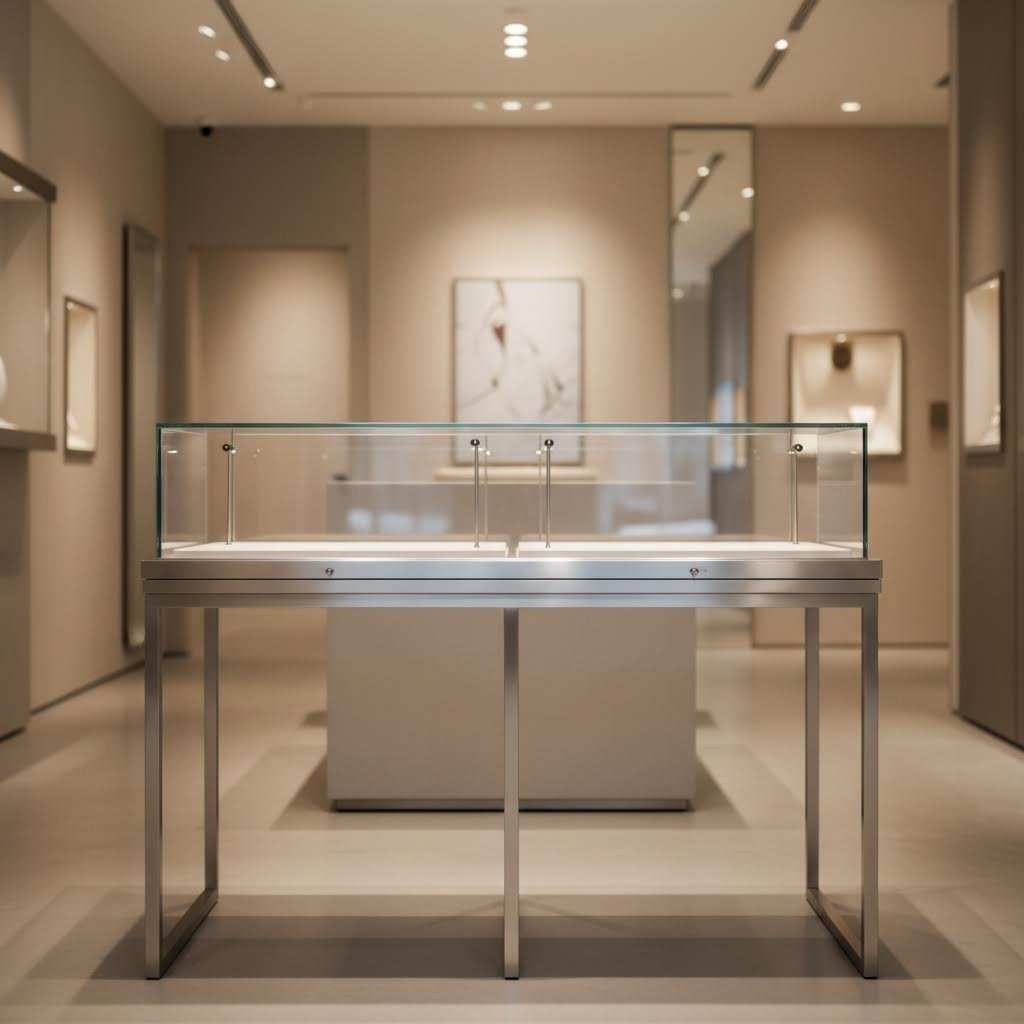 aluminum framed jewelry showcase demonstrating modular display system versatility