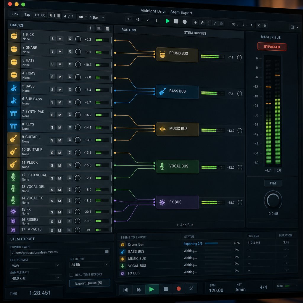 bypassing master bus processing and verifying routing are critical steps before exporting stems