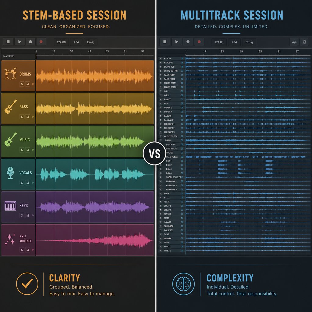 stems contain a few grouped submixes while multitracks include every individual recorded track