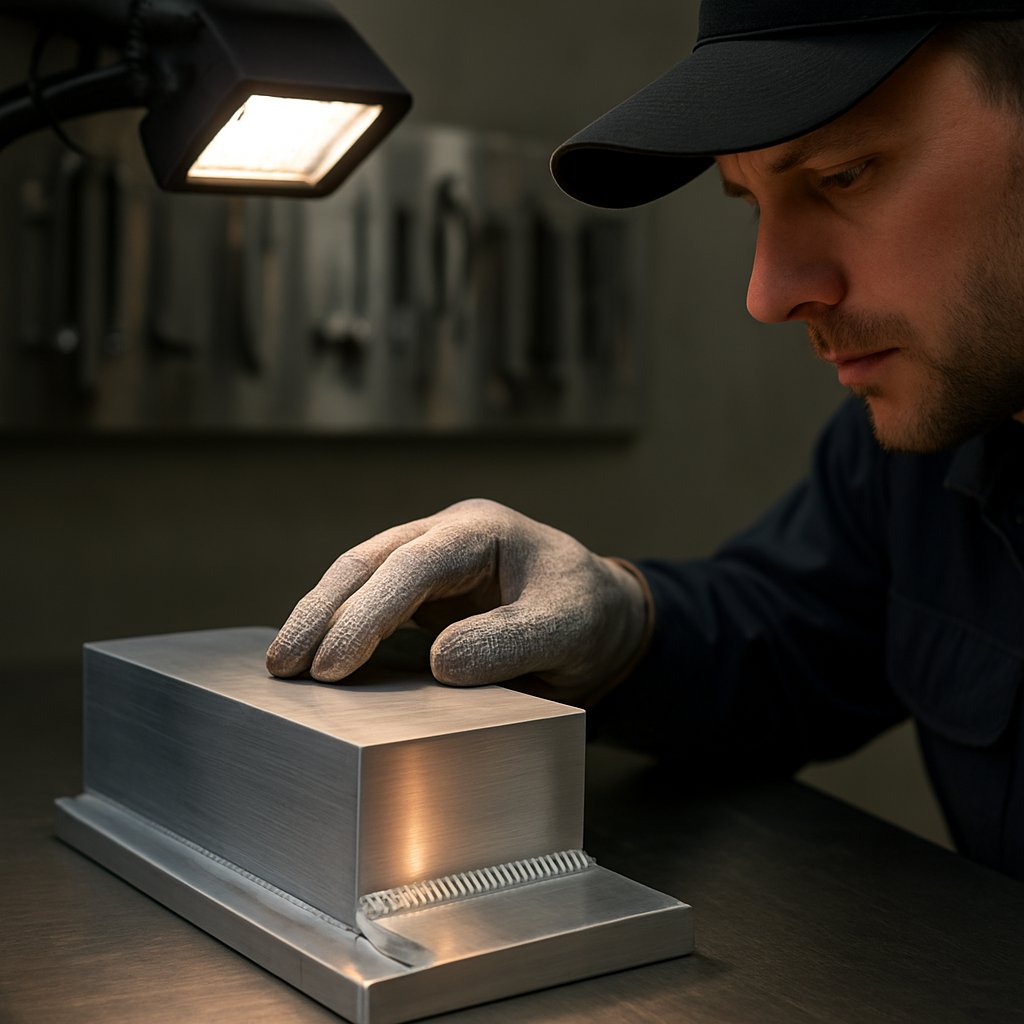 inspecting a finished aluminum weld on a clean fabricated part