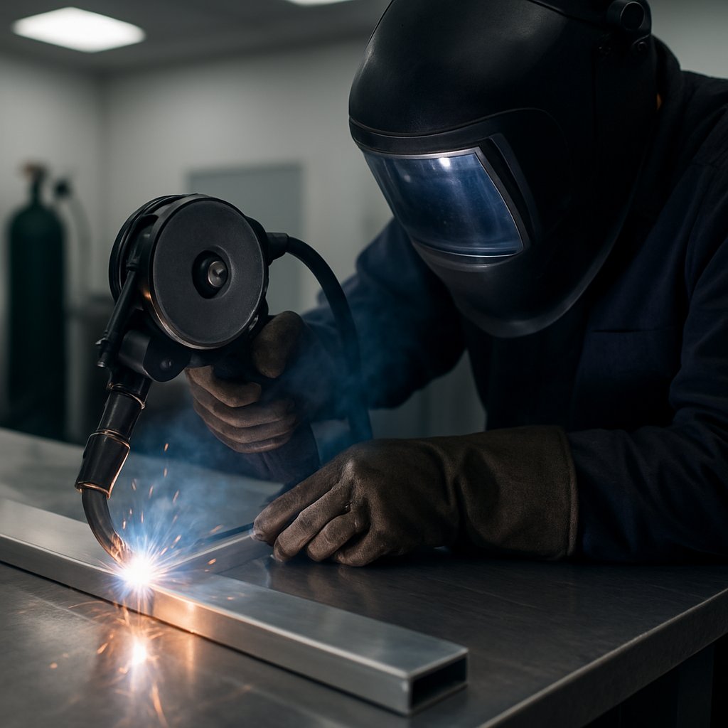welder using a spool gun on a clean aluminum practice joint