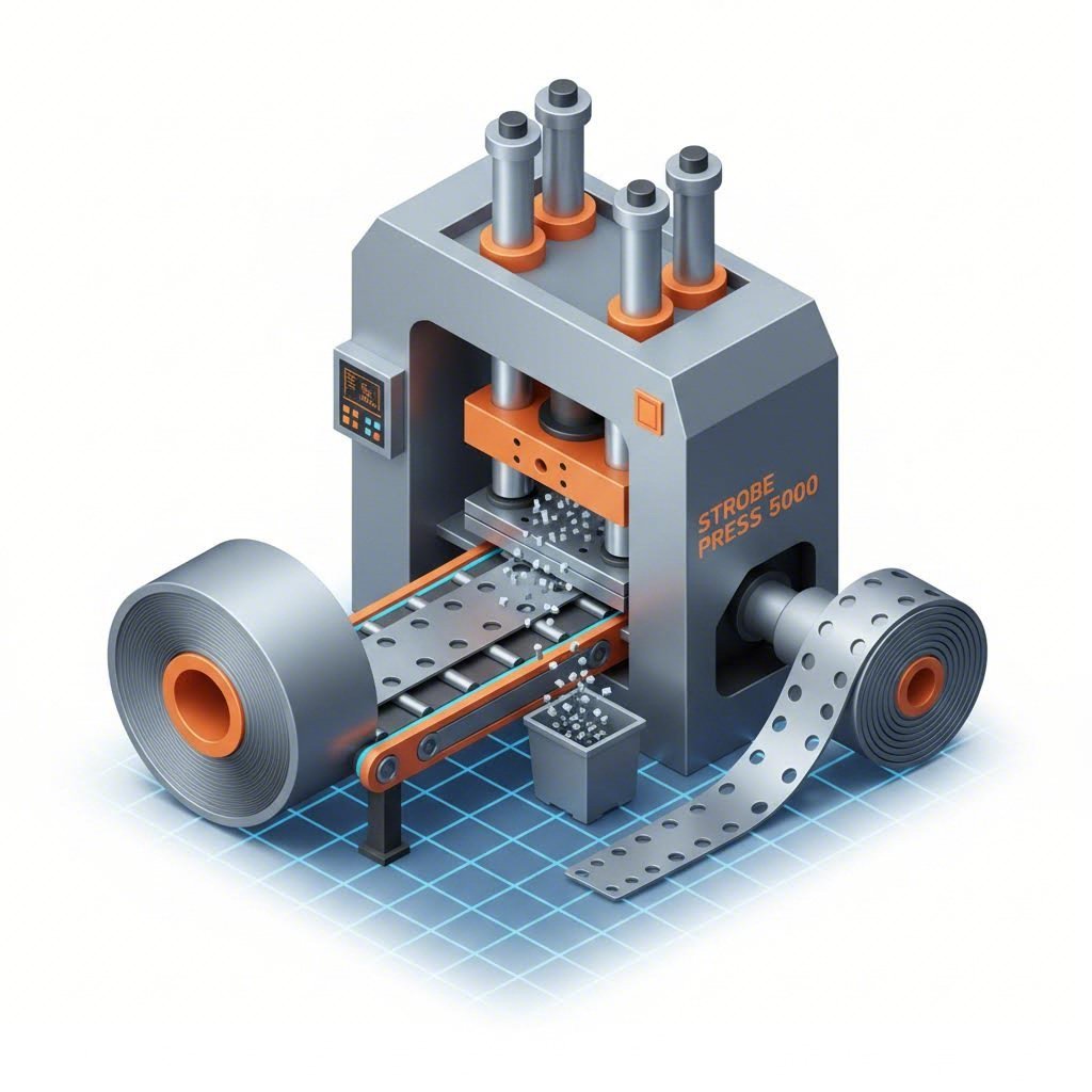 Diagram of progressive die stamping process from steel coil to formed strap