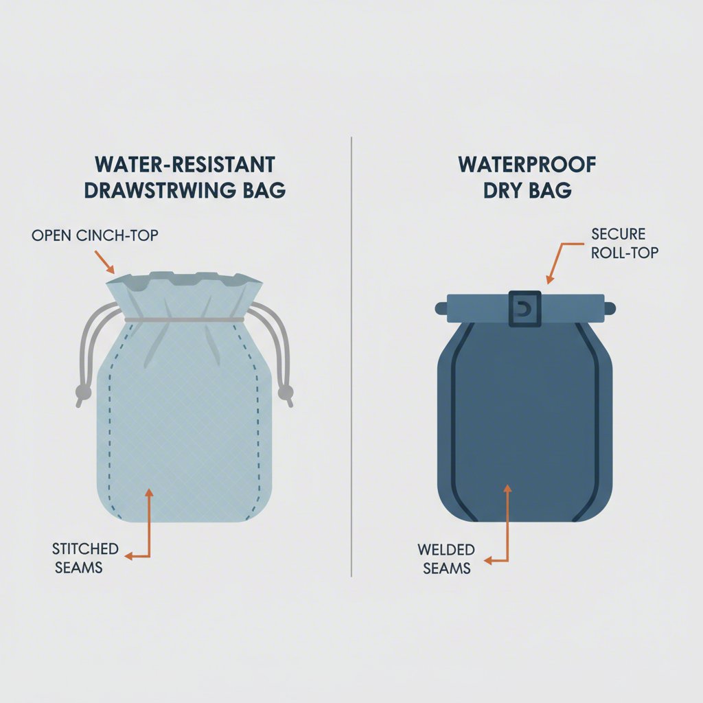 diagram comparing the construction of a water resistant bag and a waterproof dry bag