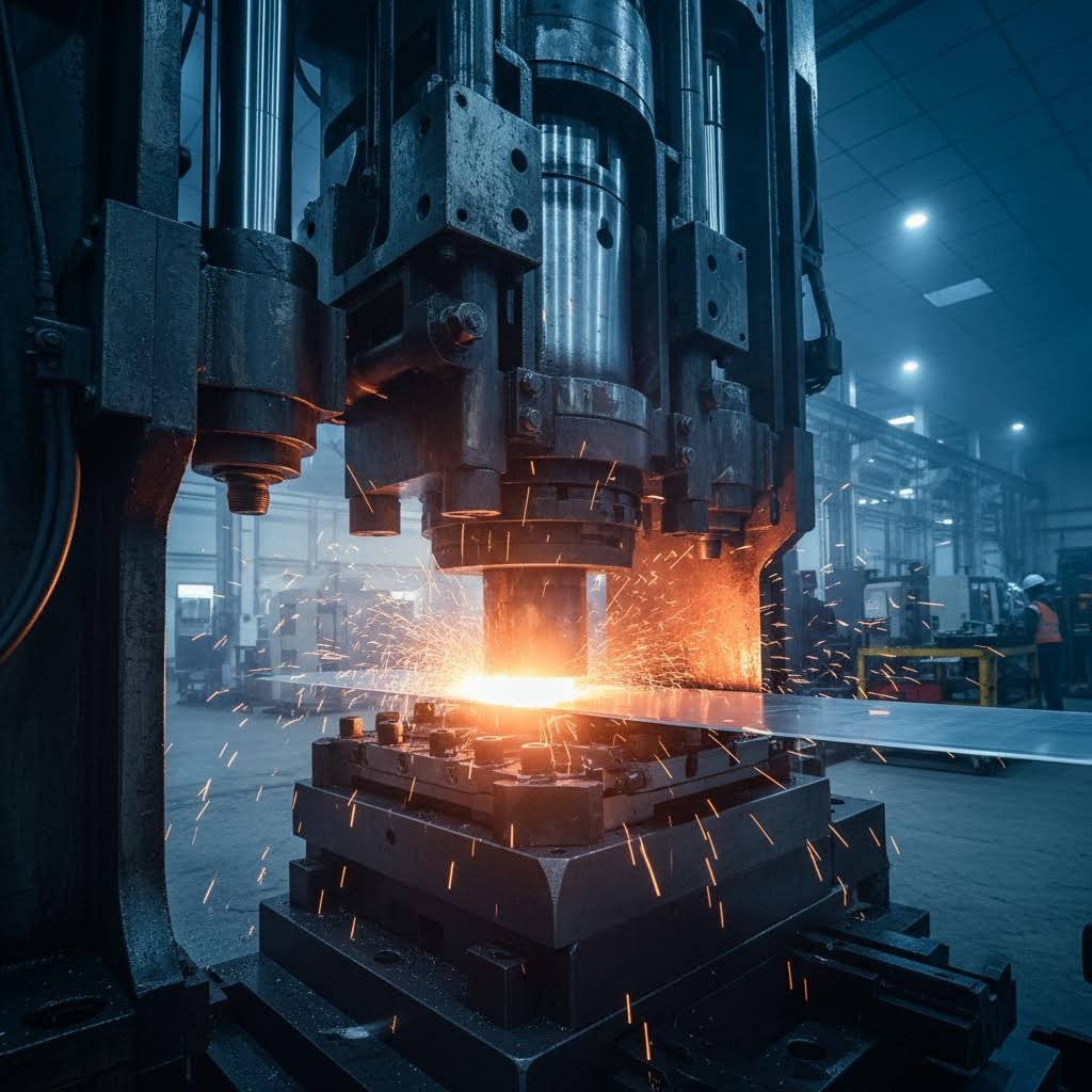 industrial metal stamping press transforming flat sheet metal into precision components