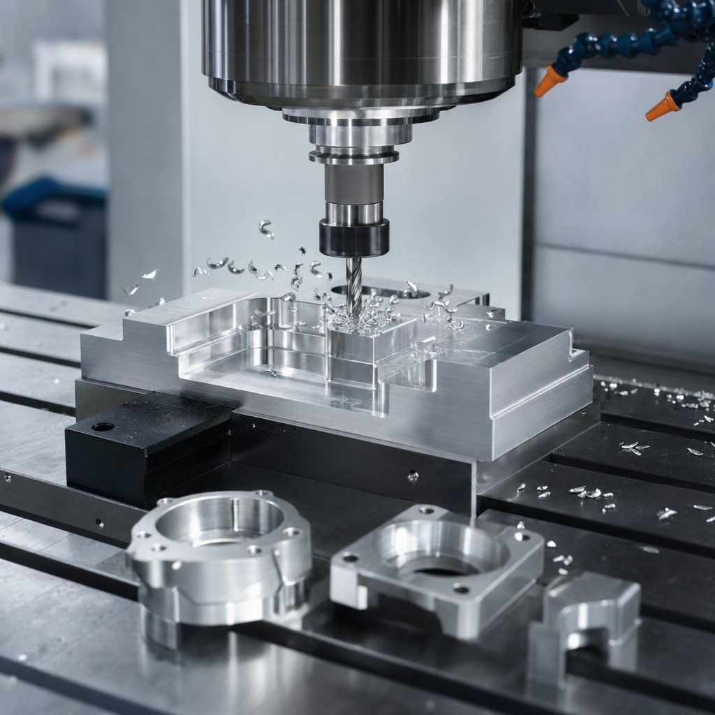 aluminium machining in a cnc workshop with fresh chips and finished parts