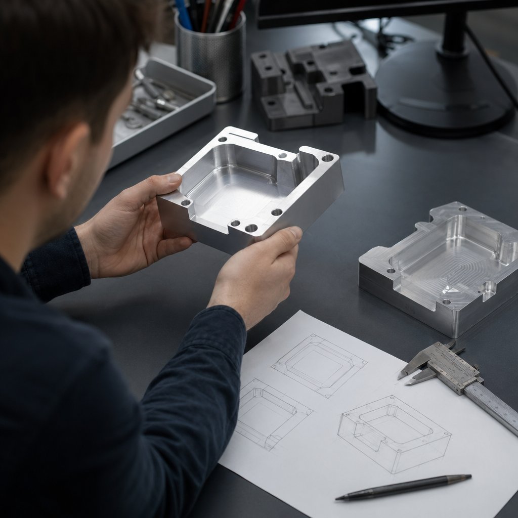 engineer reviewing aluminum part geometry for easier machining
