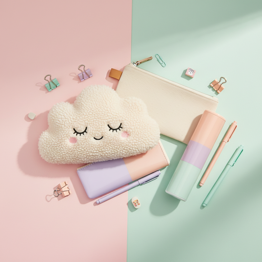 an artistic arrangement of cute aesthetic pencil pouches in various styles and colors