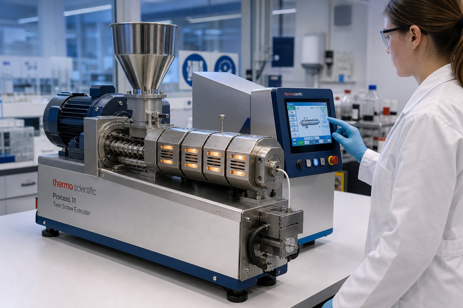 a lab twin screw extruder on a research benchtop with segmented barrel zones and digital hmi controls