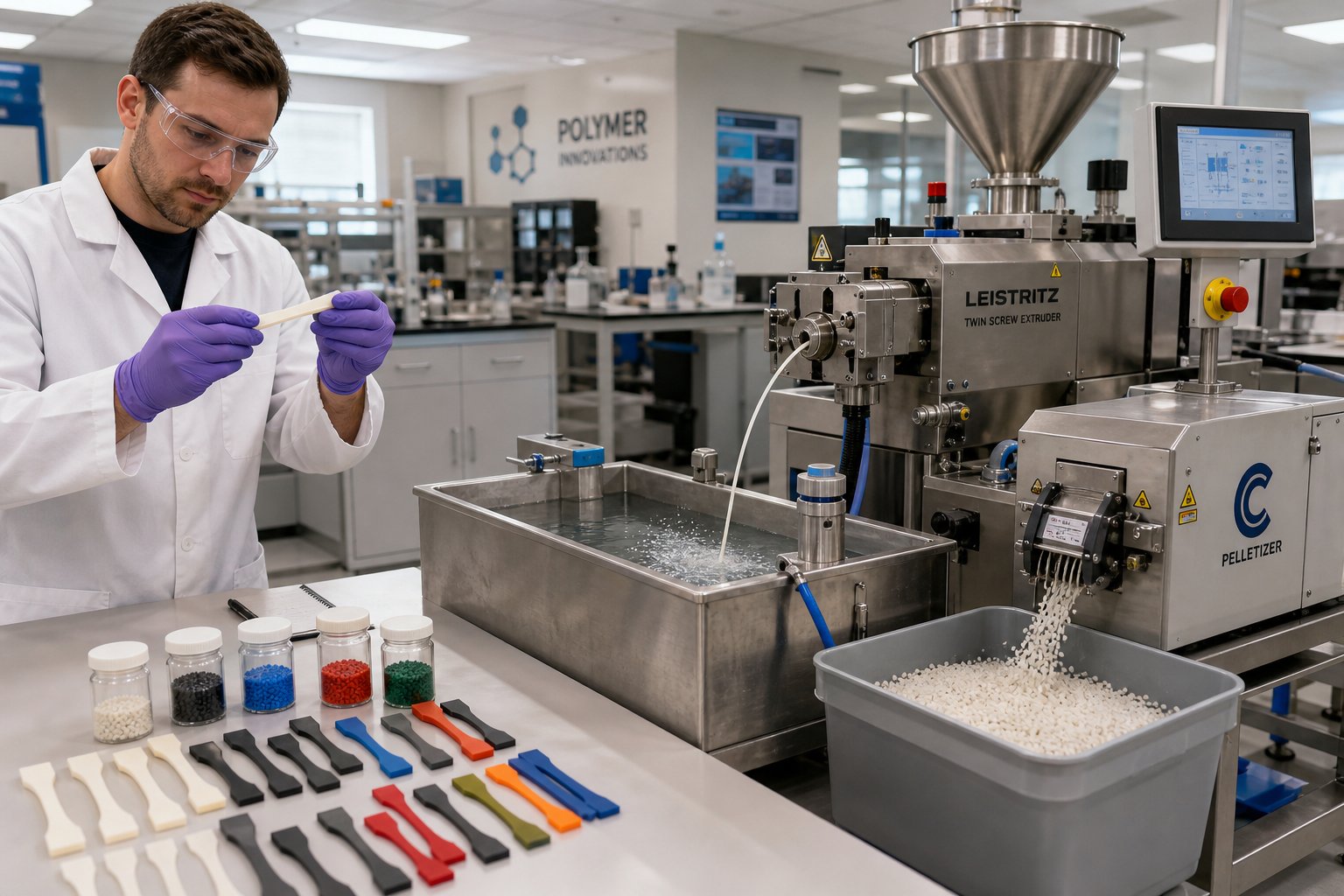 iterative formulation workflow from lab twin screw extrusion through pelletizing to test specimen preparation