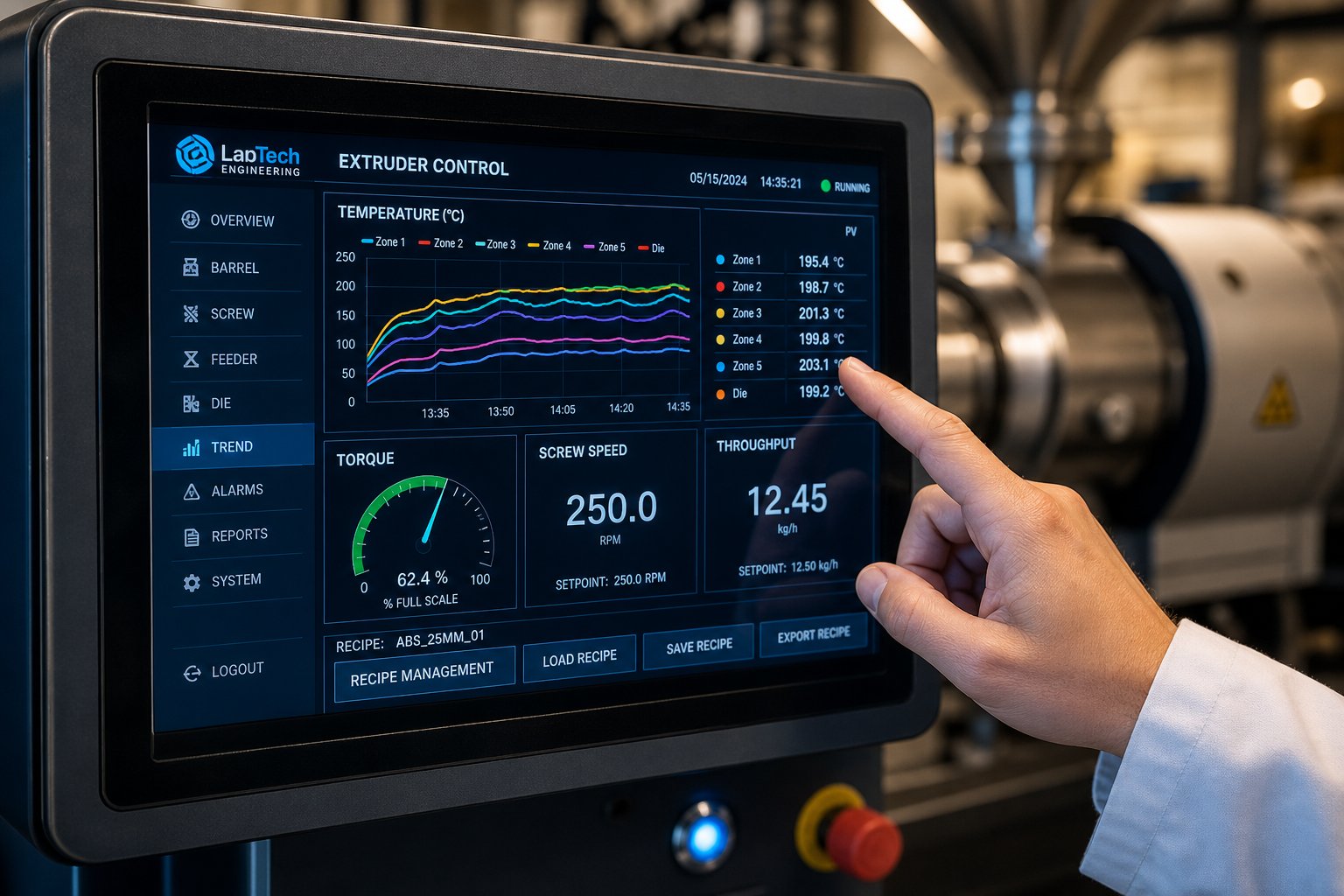 modern hmi touchscreen on a lab extruder displaying real time temperature torque and screw speed data