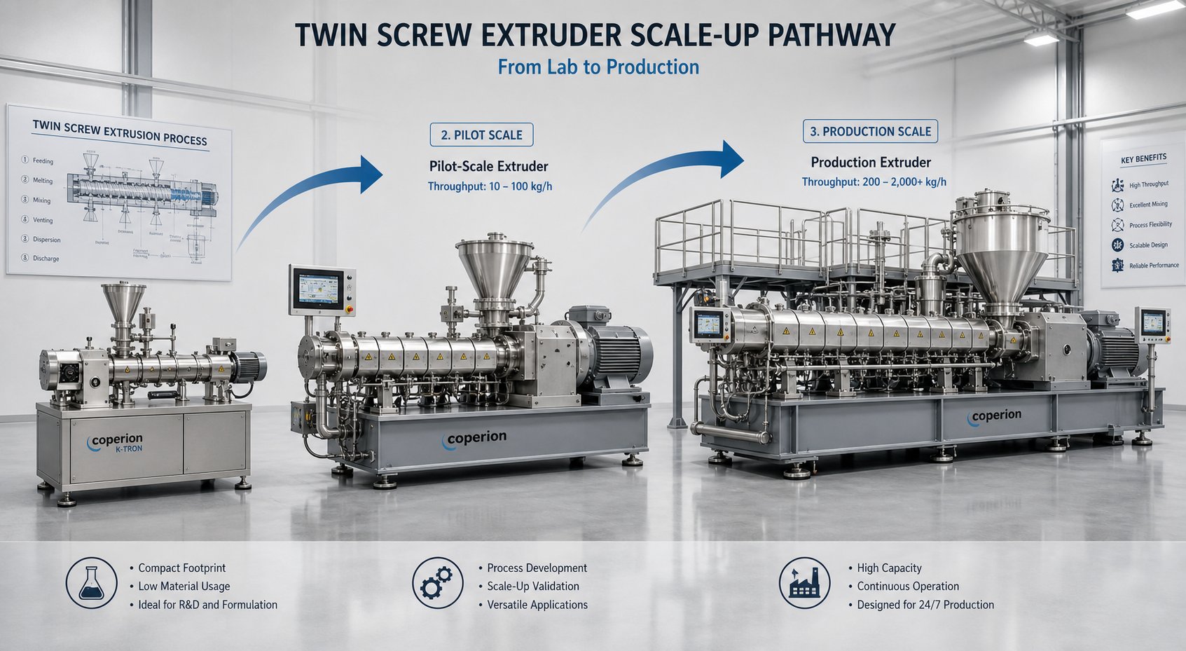 scale up pathway from a lab twin screw extruder through pilot to full production equipment
