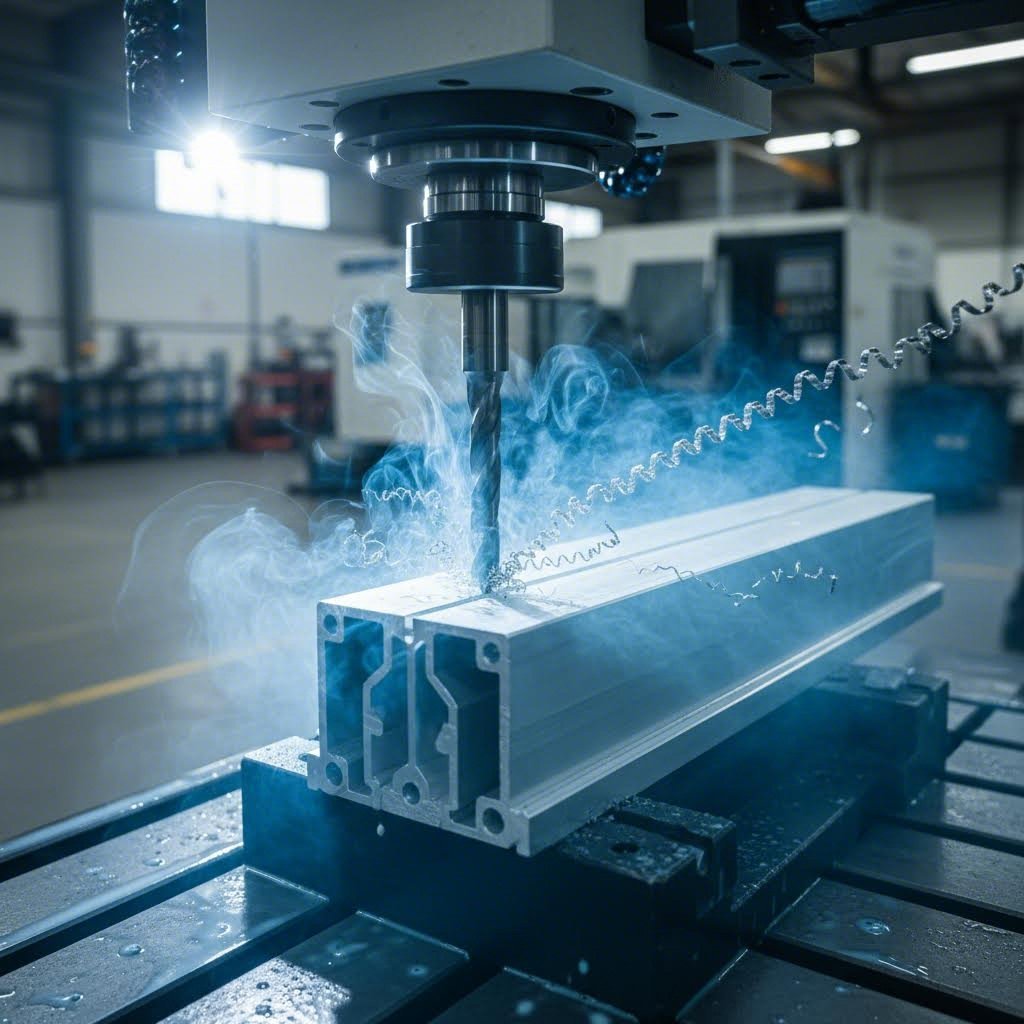 cnc machining center performing precision drilling operations on aluminum extrusion profiles