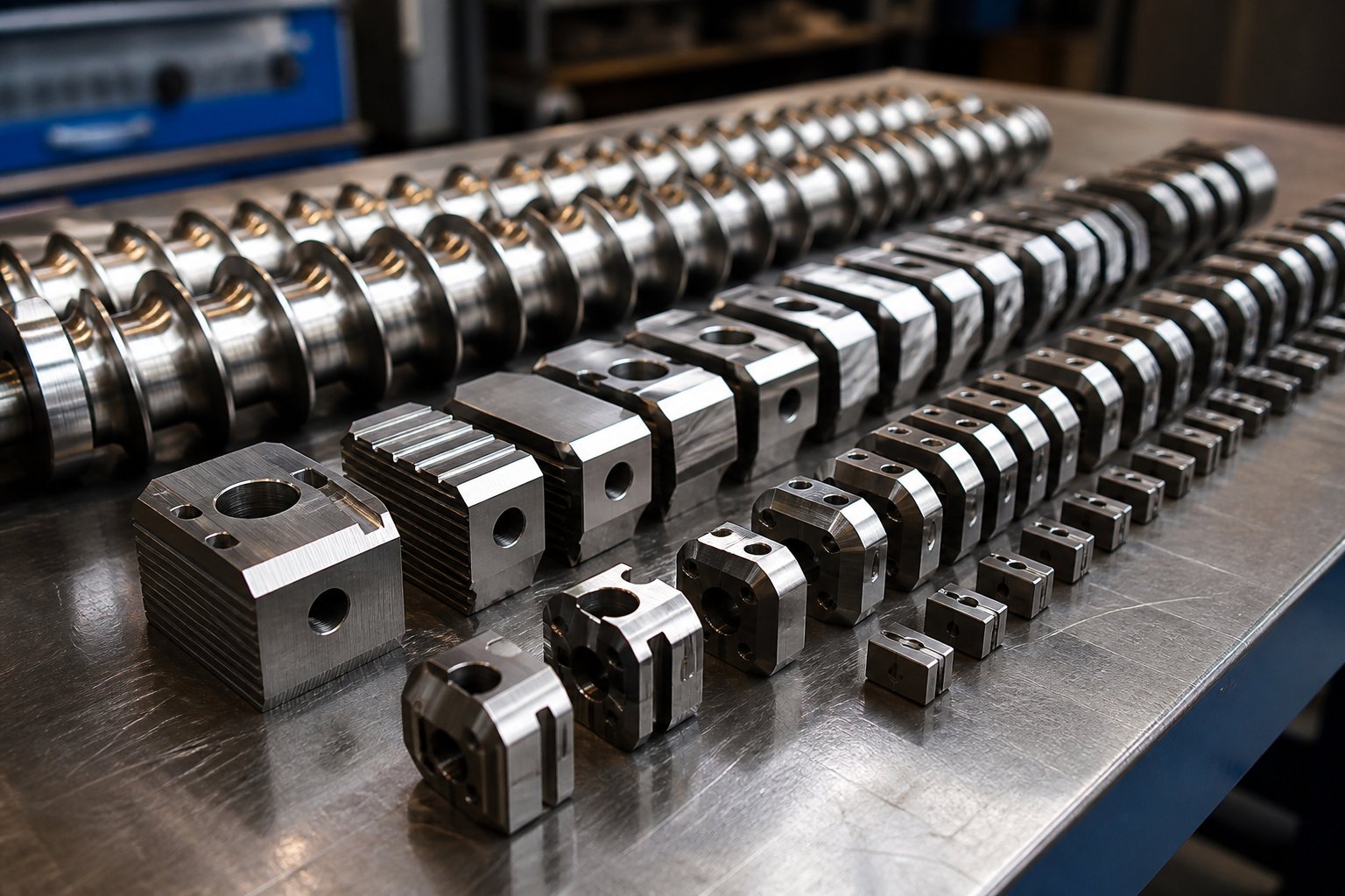modular screw elements including kneading blocks and conveying segments used in twin screw extruder configurations